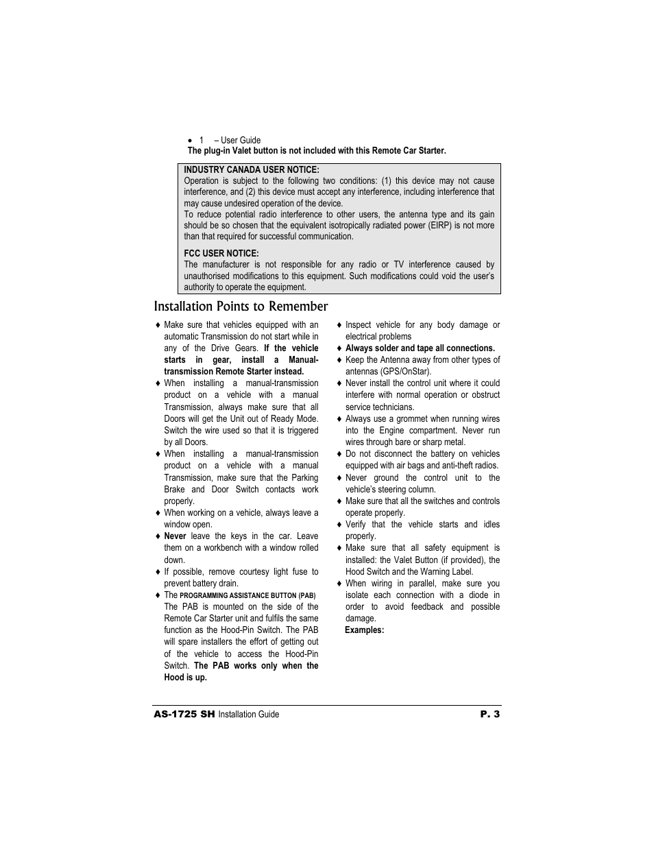 Installation points to remember | Autostart AS-1725 SH User Manual | Page 3 / 20