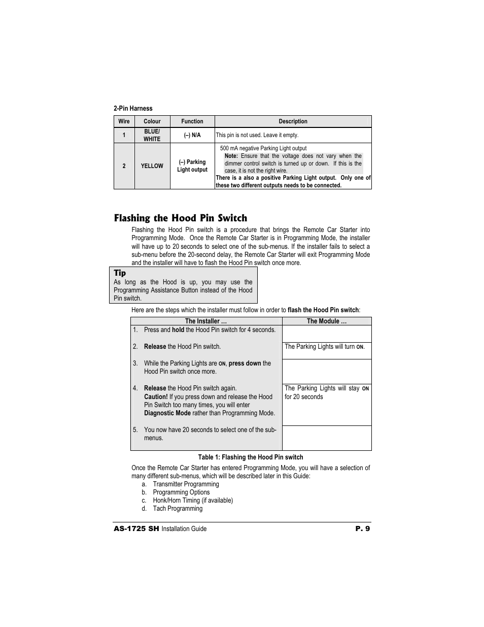 Flashing the hood pin switch | Autostart AS-1725 SH User Manual | Page 9 / 20