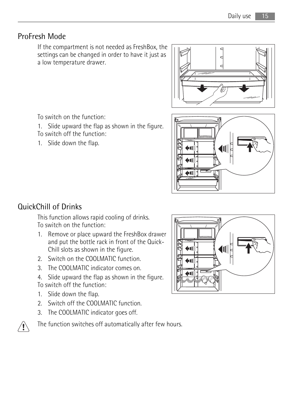 Profresh mode, Quickchill of drinks | AEG S83200CMM0 User Manual | Page 15 / 28