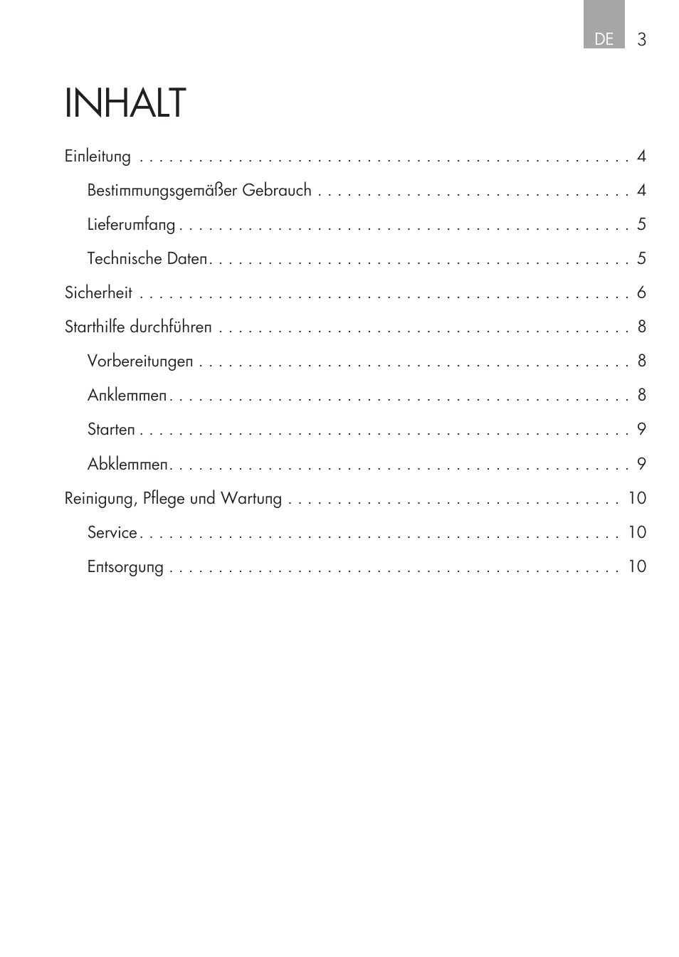 Inhalt | AEG Safety Jumper Leads SP 25 User Manual | Page 3 / 58
