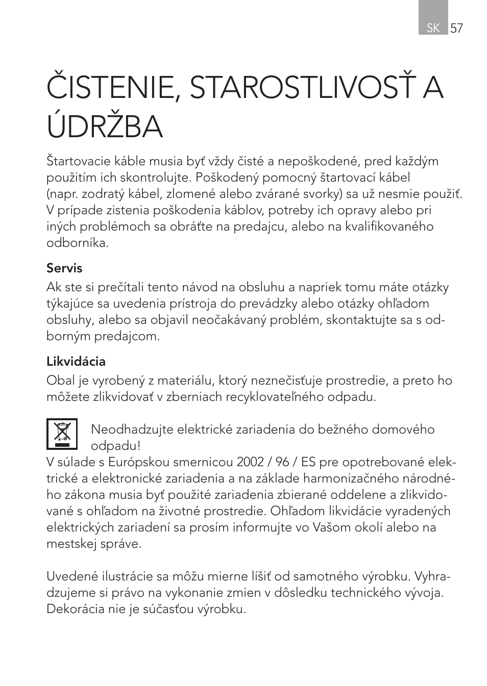 Čistenie, starostlivosť a údržba | AEG Safety Jumper Leads SP 25 User Manual | Page 57 / 58