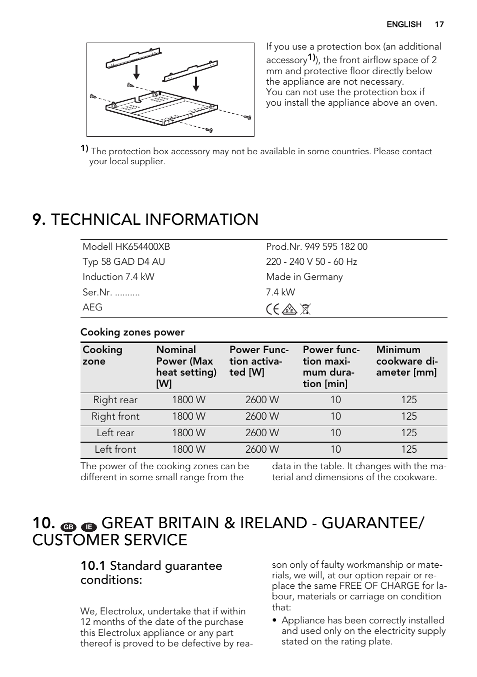 Technical information, 1 standard guarantee conditions | AEG HK953400FB User Manual | Page 17 / 24