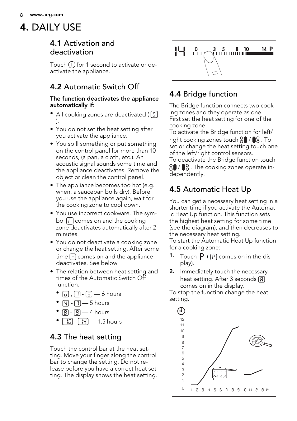 Daily use, 1 activation and deactivation, 2 automatic switch off | 3 the heat setting, 4 bridge function, 5 automatic heat up | AEG HK953400FB User Manual | Page 8 / 24