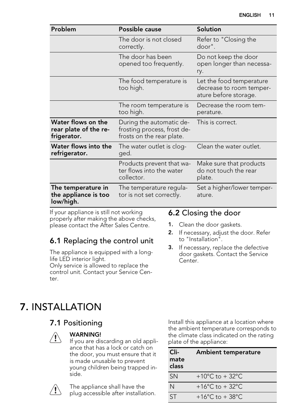 Installation, 1 replacing the control unit, 2 closing the door | 1 positioning | AEG SKS58240F0 User Manual | Page 11 / 24