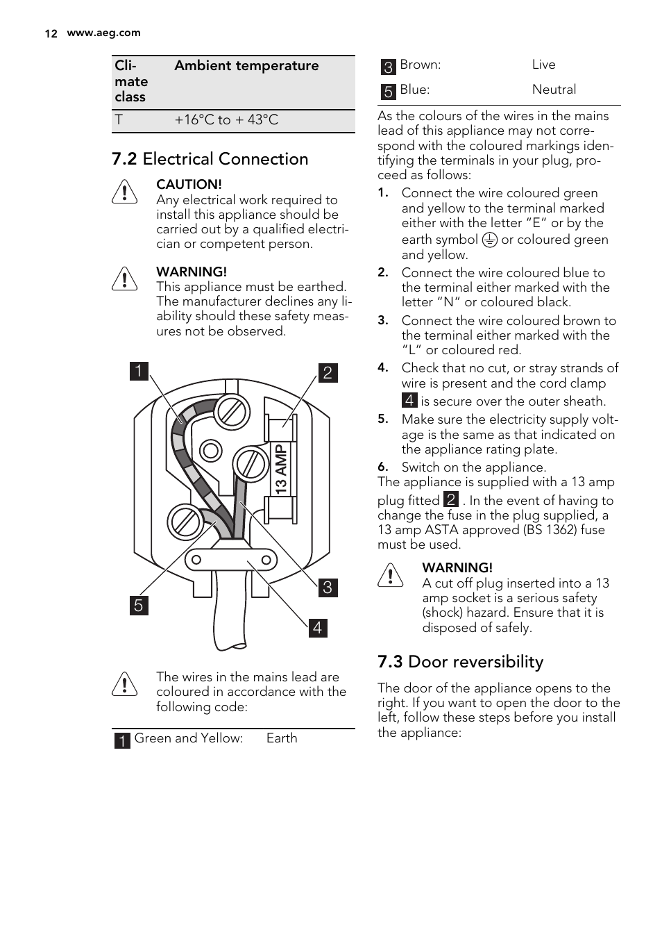 2 electrical connection, 3 door reversibility | AEG SKS58240F0 User Manual | Page 12 / 24