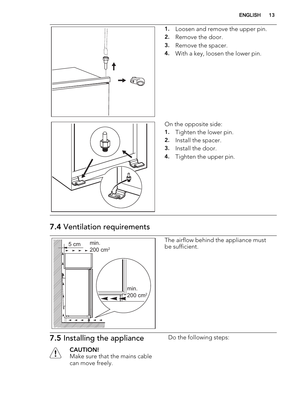 4 ventilation requirements, 5 installing the appliance | AEG SKS58240F0 User Manual | Page 13 / 24