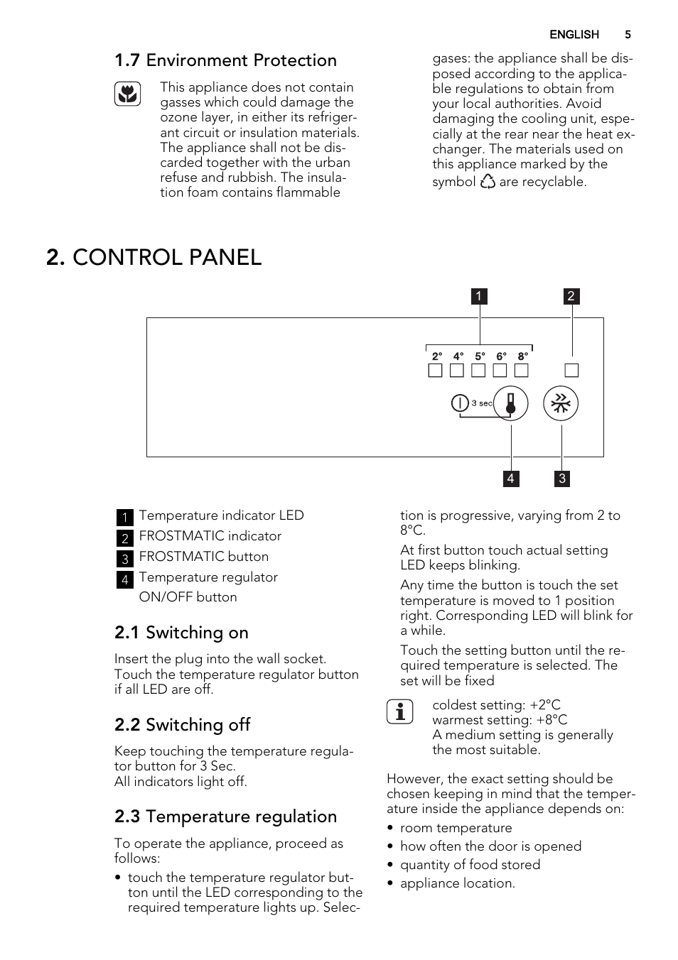 Control panel, 7 environment protection, 1 switching on | 2 switching off, 3 temperature regulation | AEG SKS58240F0 User Manual | Page 5 / 24