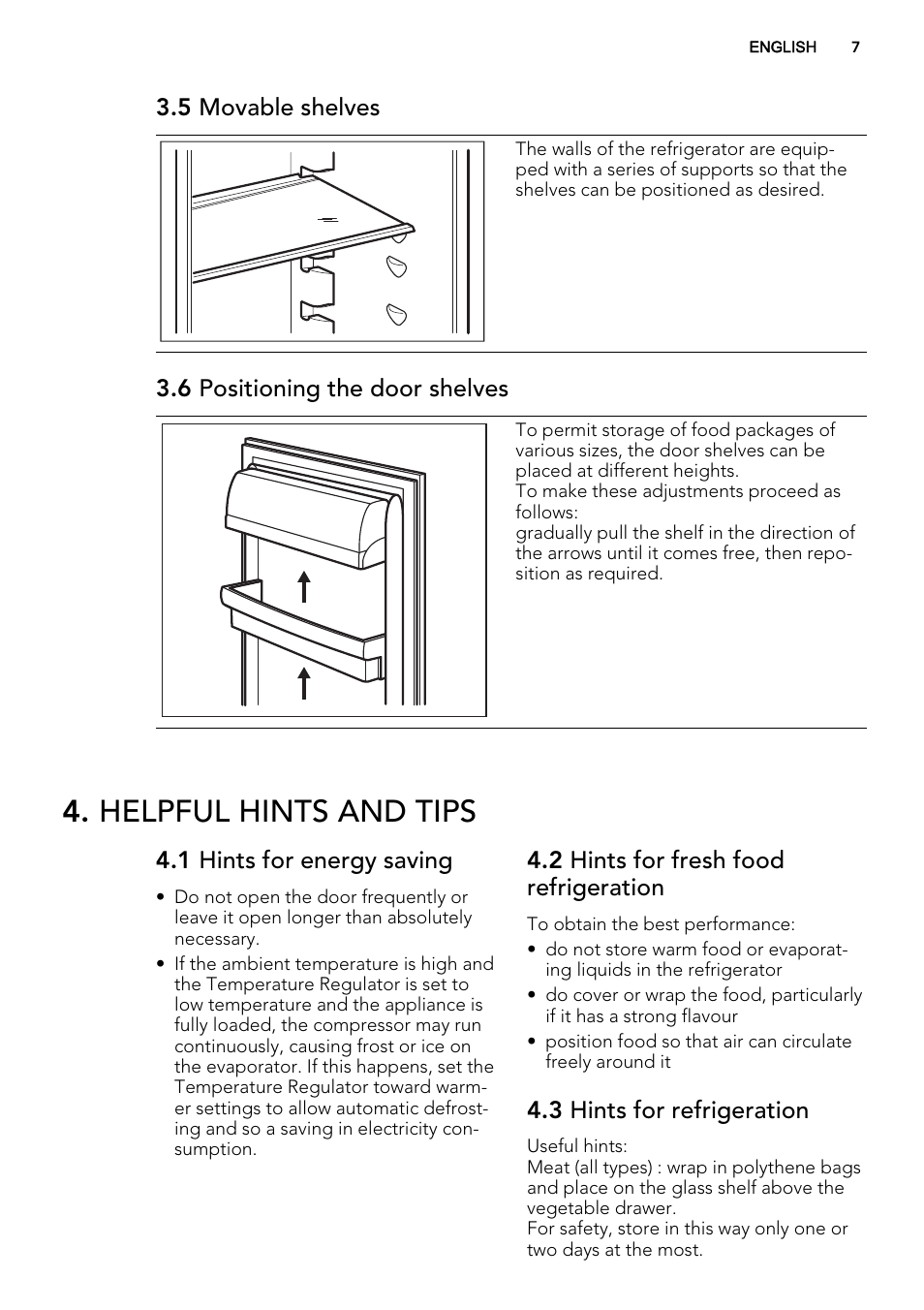 Helpful hints and tips, 5 movable shelves, 6 positioning the door shelves | 1 hints for energy saving, 2 hints for fresh food refrigeration, 3 hints for refrigeration | AEG SKS58240F0 User Manual | Page 7 / 24