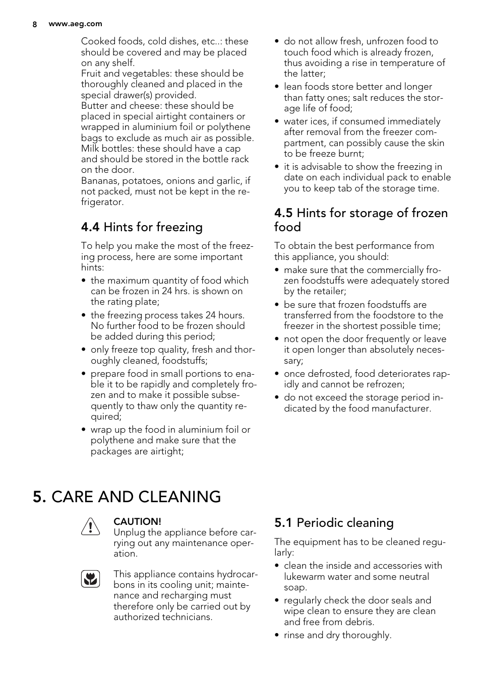 Care and cleaning, 4 hints for freezing, 5 hints for storage of frozen food | 1 periodic cleaning | AEG SKS58240F0 User Manual | Page 8 / 24