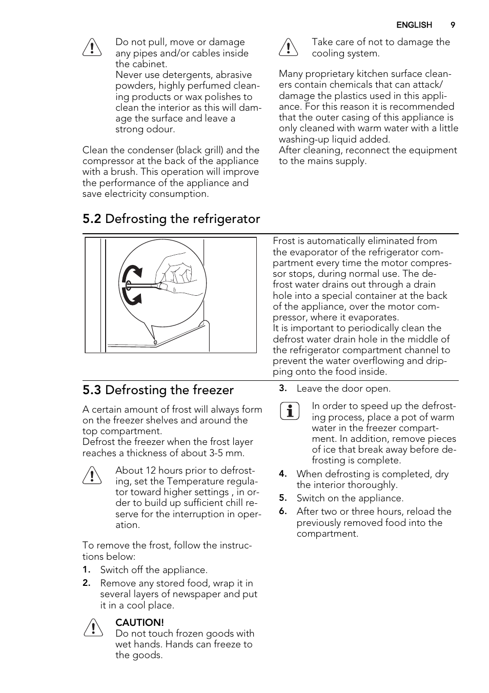 2 defrosting the refrigerator, 3 defrosting the freezer | AEG SKS58240F0 User Manual | Page 9 / 24