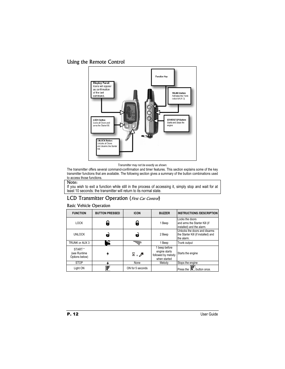 Using the remote control, Lcd transmitter operation | Autostart CT-5460TW User Manual | Page 12 / 16