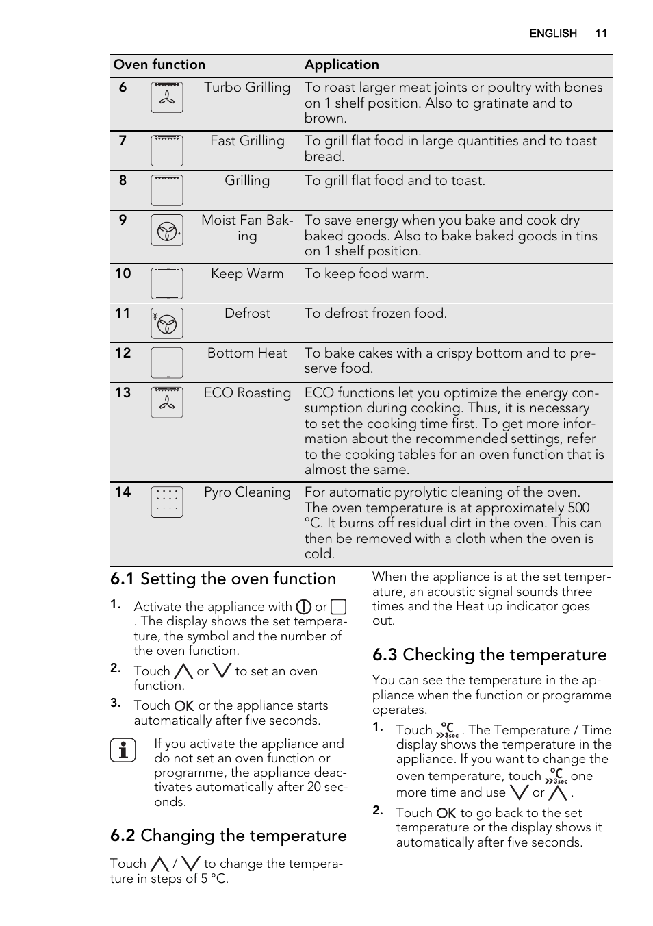 1 setting the oven function, 2 changing the temperature, 3 checking the temperature | AEG BP8314001M User Manual | Page 11 / 48