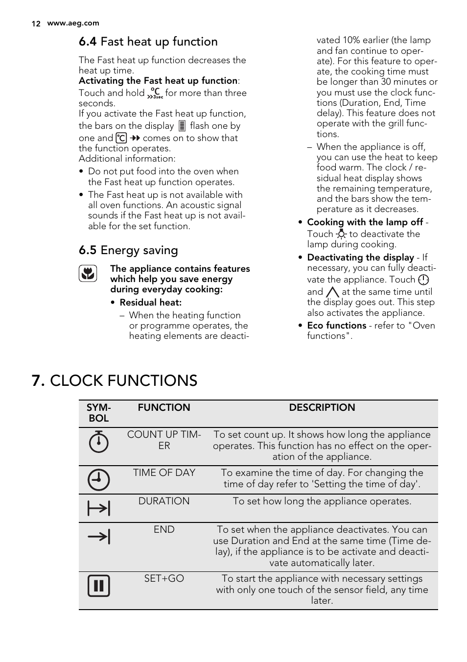 Clock functions, 4 fast heat up function, 5 energy saving | AEG BP8314001M User Manual | Page 12 / 48