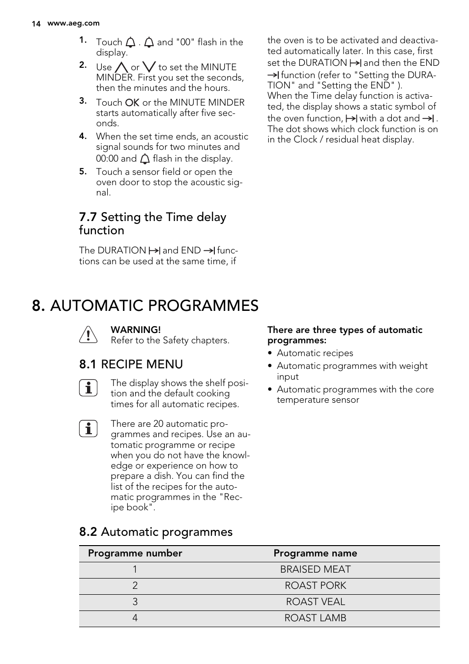 Automatic programmes, 7 setting the time delay function, 1 recipe menu | 2 automatic programmes | AEG BP8314001M User Manual | Page 14 / 48