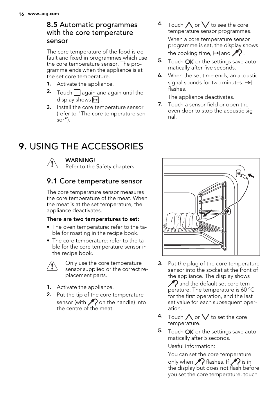 Using the accessories, 1 core temperature sensor | AEG BP8314001M User Manual | Page 16 / 48