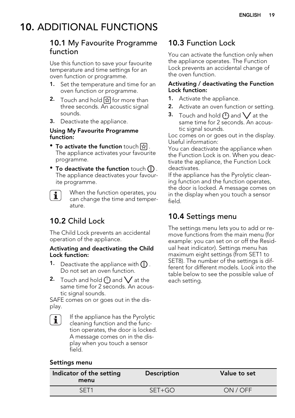 Additional functions, 1 my favourite programme function, 2 child lock | 3 function lock, 4 settings menu | AEG BP8314001M User Manual | Page 19 / 48