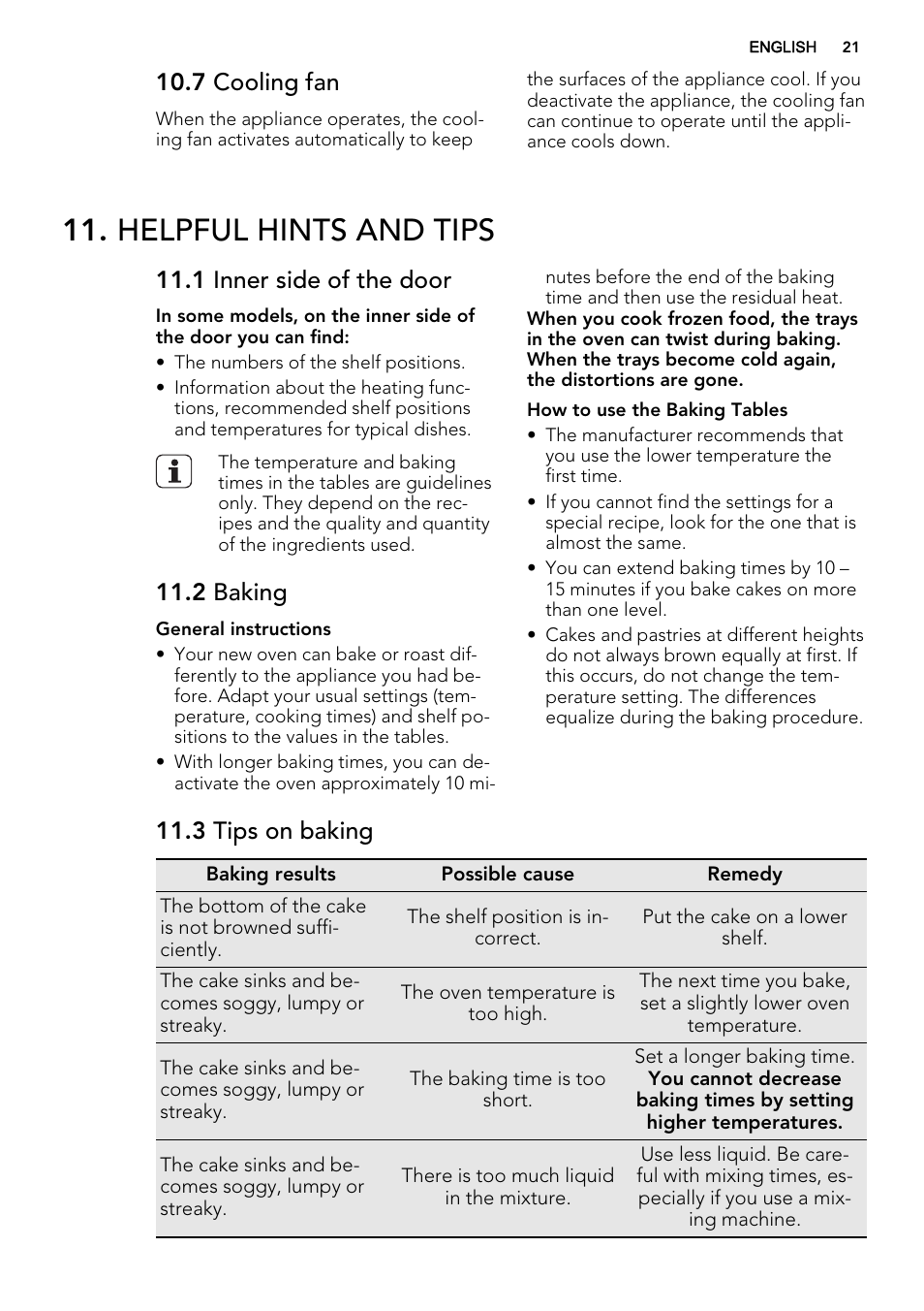 Helpful hints and tips, 7 cooling fan, 1 inner side of the door | 2 baking, 3 tips on baking | AEG BP8314001M User Manual | Page 21 / 48