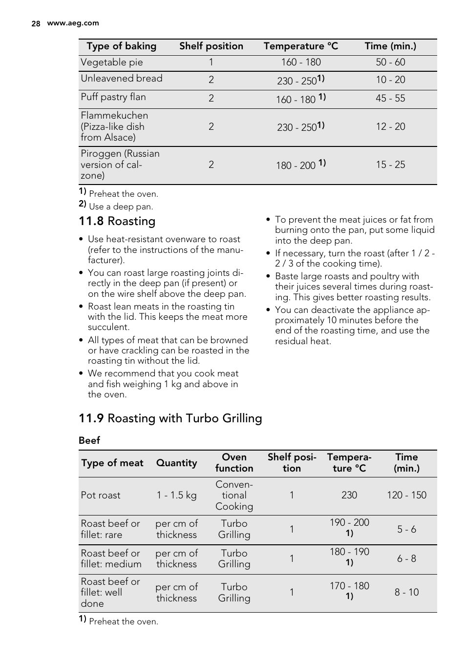 8 roasting, 9 roasting with turbo grilling | AEG BP8314001M User Manual | Page 28 / 48