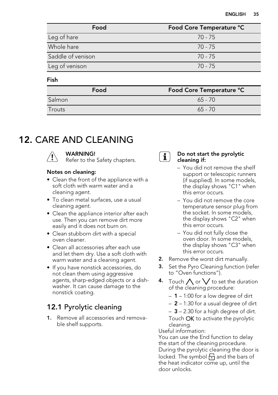Care and cleaning, 1 pyrolytic cleaning | AEG BP8314001M User Manual | Page 35 / 48