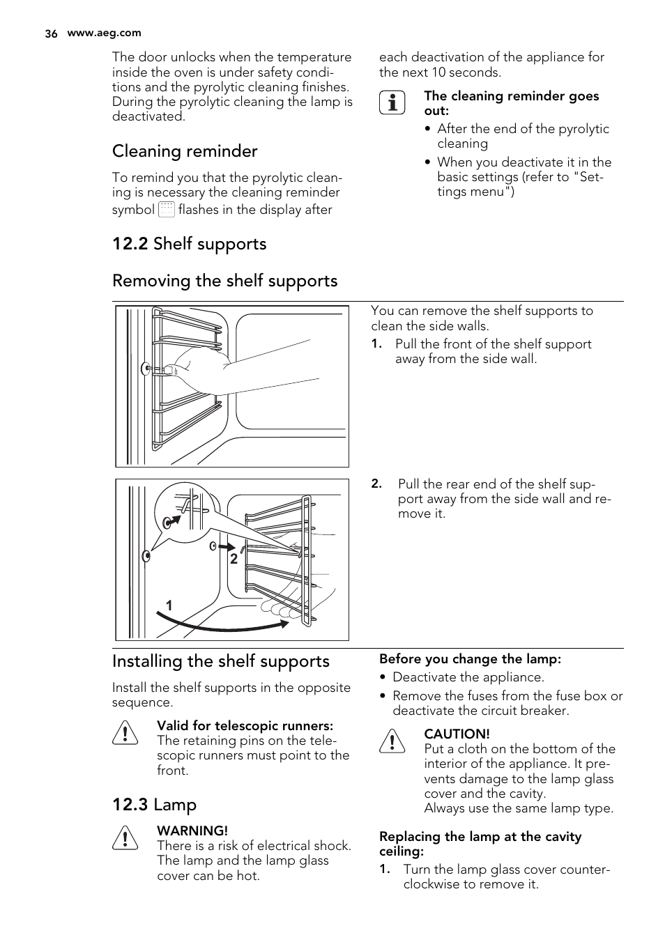 Cleaning reminder, 2 shelf supports removing the shelf supports, Installing the shelf supports | 3 lamp | AEG BP8314001M User Manual | Page 36 / 48