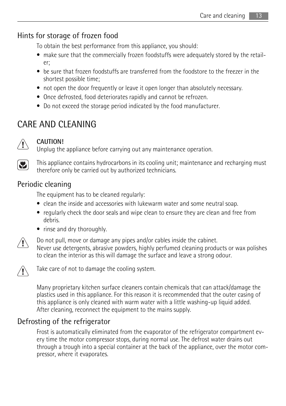 Care and cleaning, Hints for storage of frozen food, Periodic cleaning | Defrosting of the refrigerator | AEG SKD71800F0 User Manual | Page 13 / 24