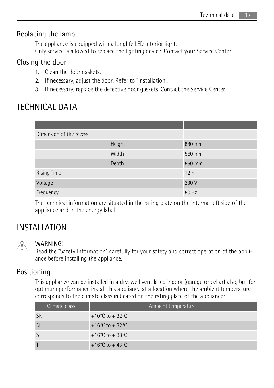 Technical data, Installation, Replacing the lamp | Closing the door, Positioning | AEG SKD71800F0 User Manual | Page 17 / 24