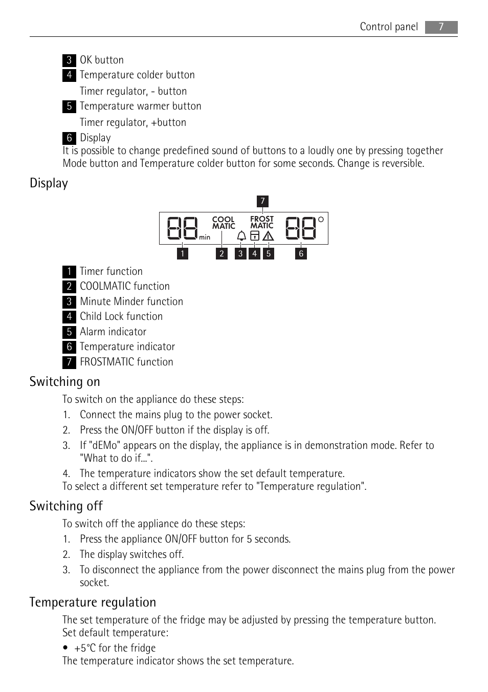 Display, Switching on, Switching off | Temperature regulation | AEG SKD71800F0 User Manual | Page 7 / 24