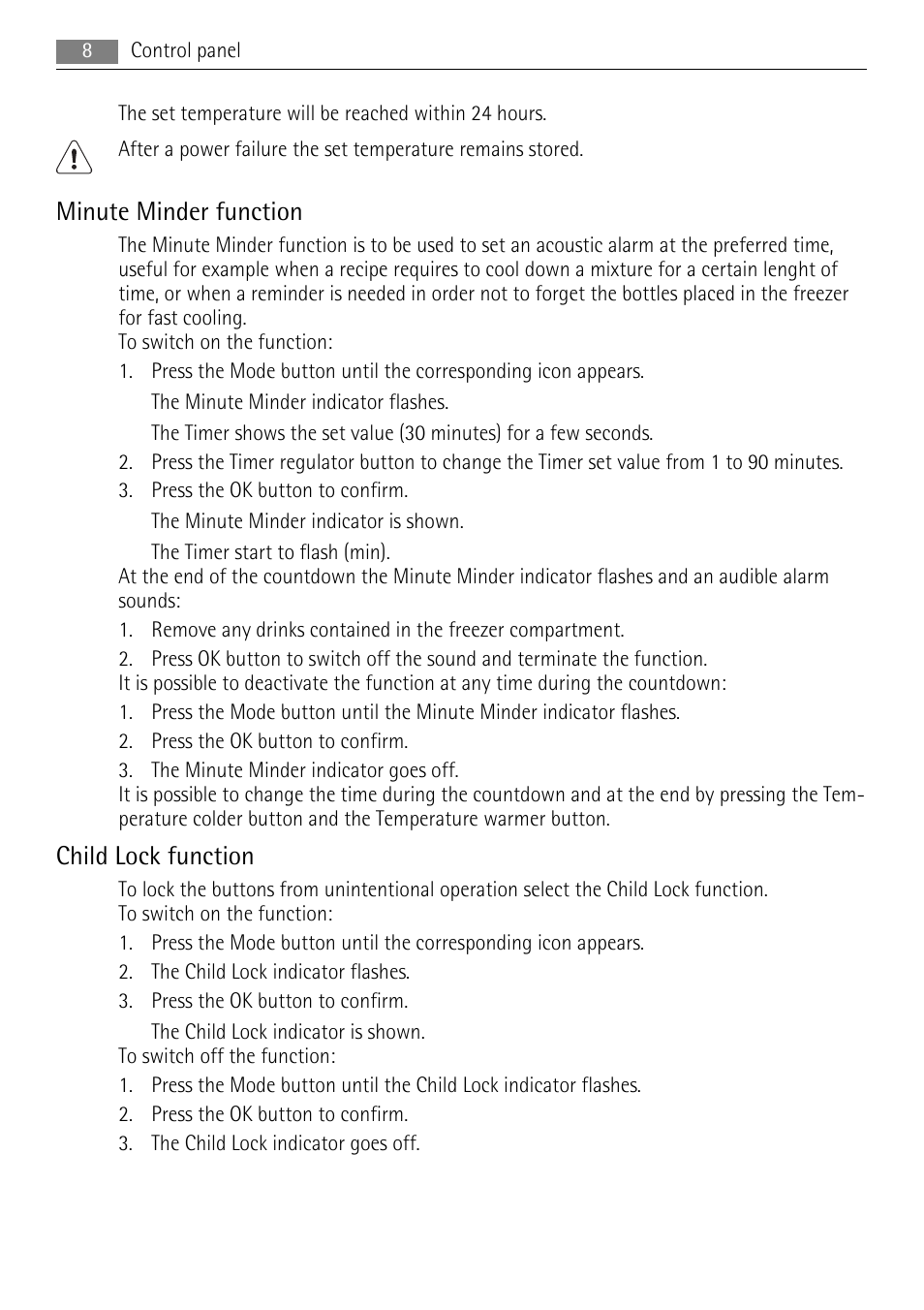 Minute minder function, Child lock function | AEG SKD71800F0 User Manual | Page 8 / 24