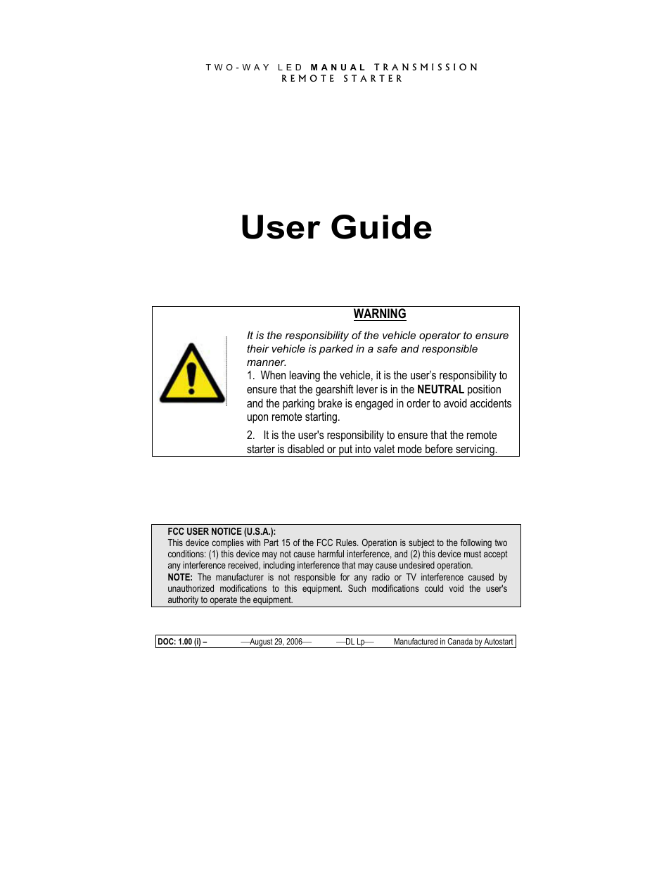 Autostart Two-Way Led Transmission Remote Starter User Manual | 14 pages