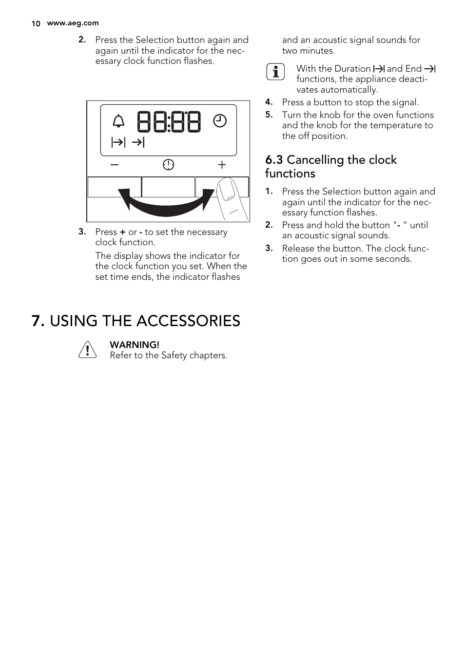 Using the accessories, 3 cancelling the clock functions | AEG NC7003000M User Manual | Page 10 / 28