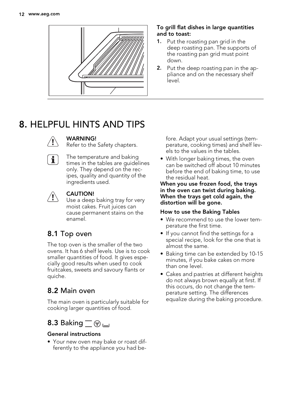 Helpful hints and tips, 1 top oven, 2 main oven | 3 baking | AEG NC7003000M User Manual | Page 12 / 28