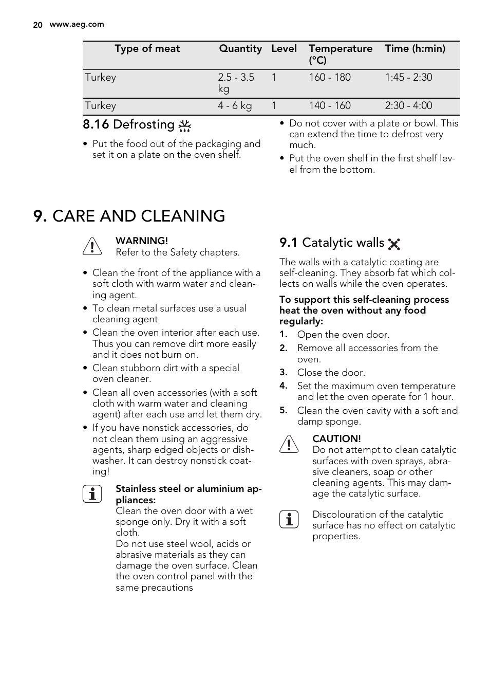 Care and cleaning, 16 defrosting, 1 catalytic walls | AEG NC7003000M User Manual | Page 20 / 28