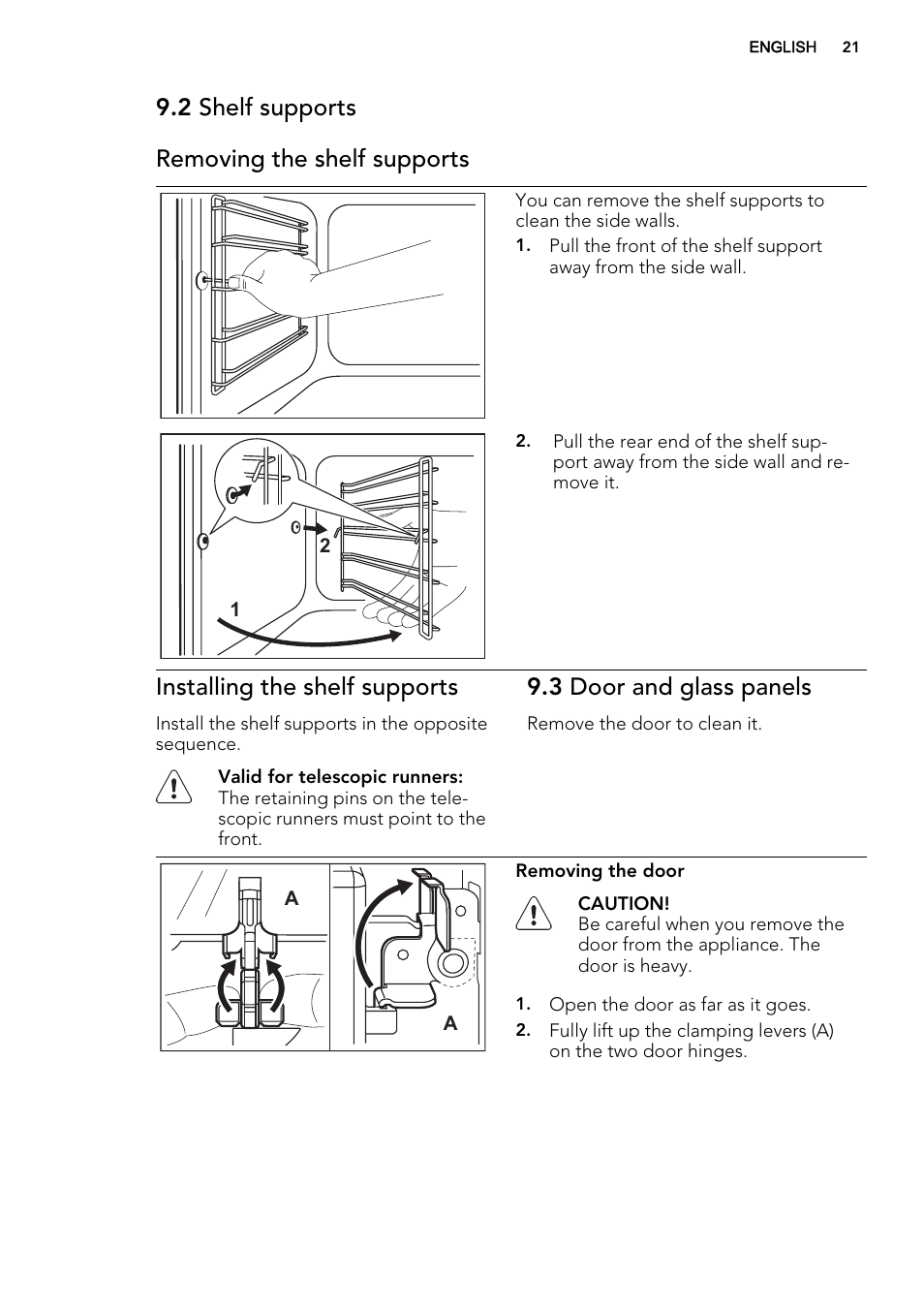 2 shelf supports removing the shelf supports, Installing the shelf supports, 3 door and glass panels | AEG NC7003000M User Manual | Page 21 / 28