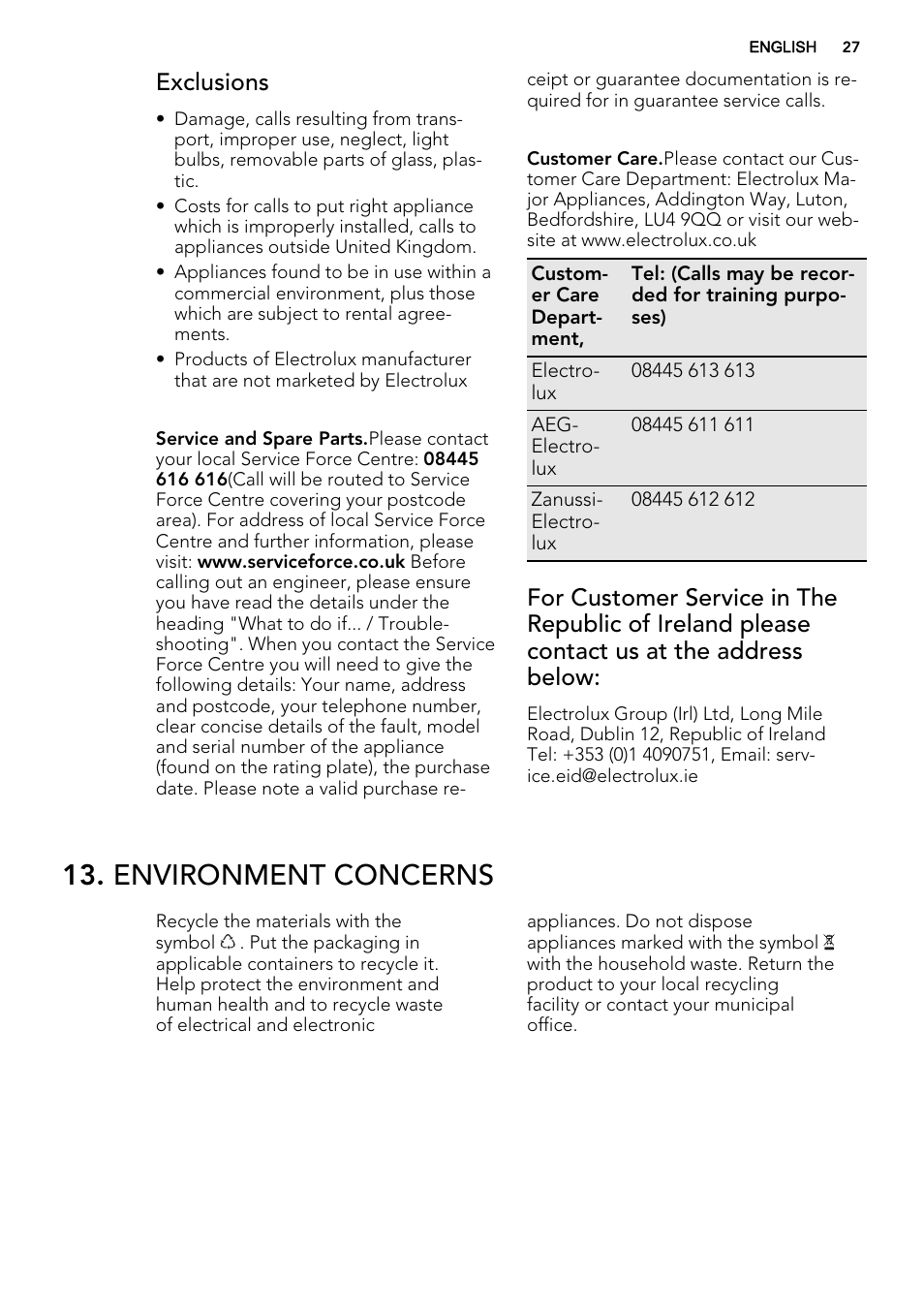Environment concerns, Exclusions | AEG NC7003000M User Manual | Page 27 / 28