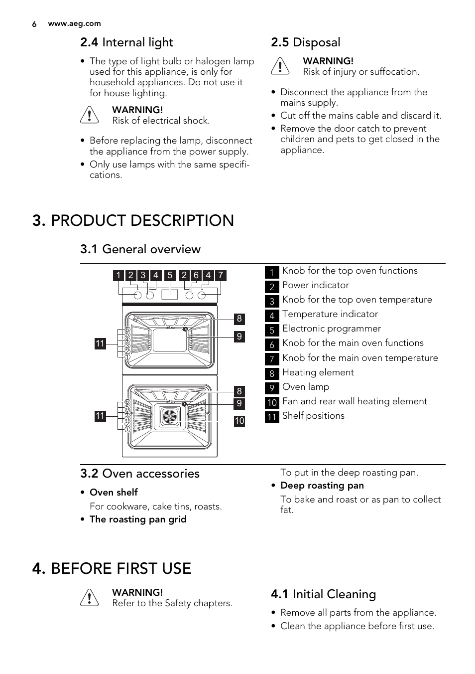 Product description, Before first use, 4 internal light | 5 disposal, 1 general overview, 2 oven accessories, 1 initial cleaning | AEG NC7003000M User Manual | Page 6 / 28