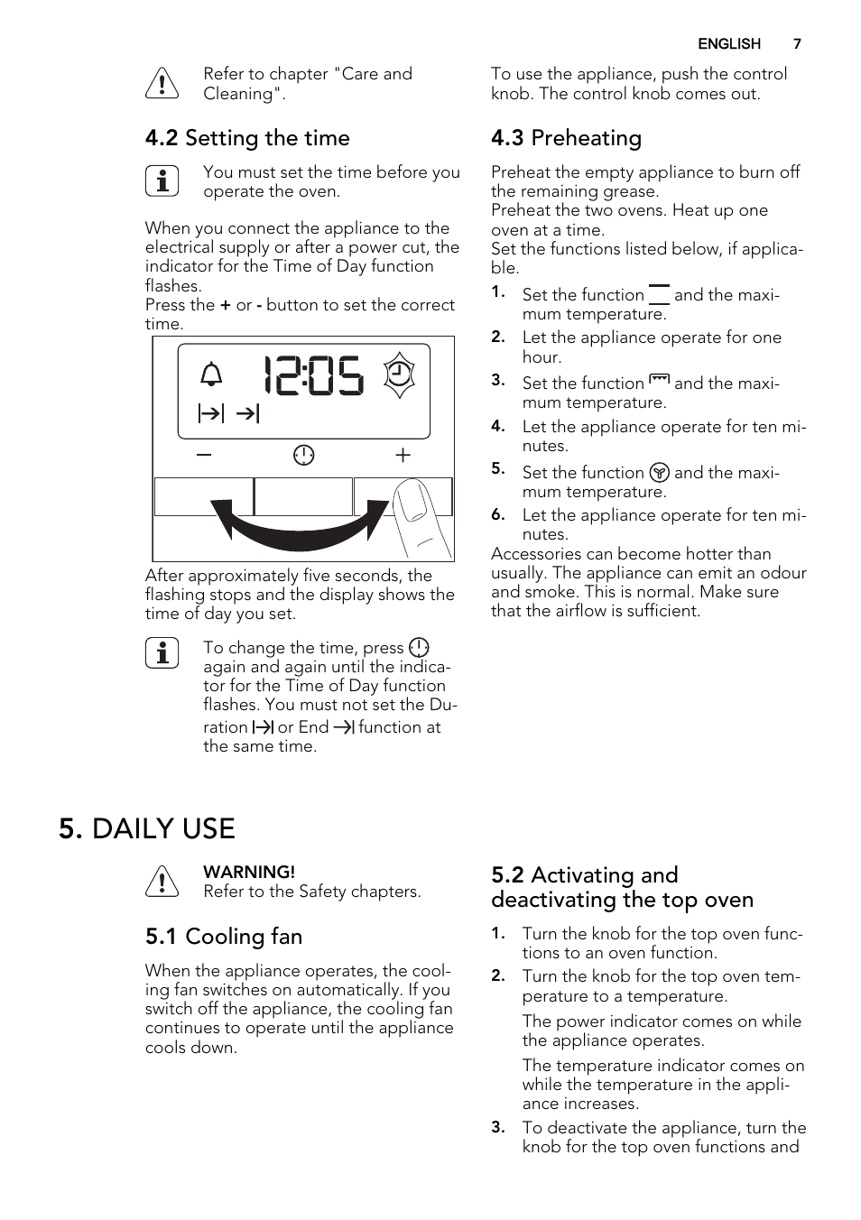 Daily use, 2 setting the time, 3 preheating | 1 cooling fan, 2 activating and deactivating the top oven | AEG NC7003000M User Manual | Page 7 / 28