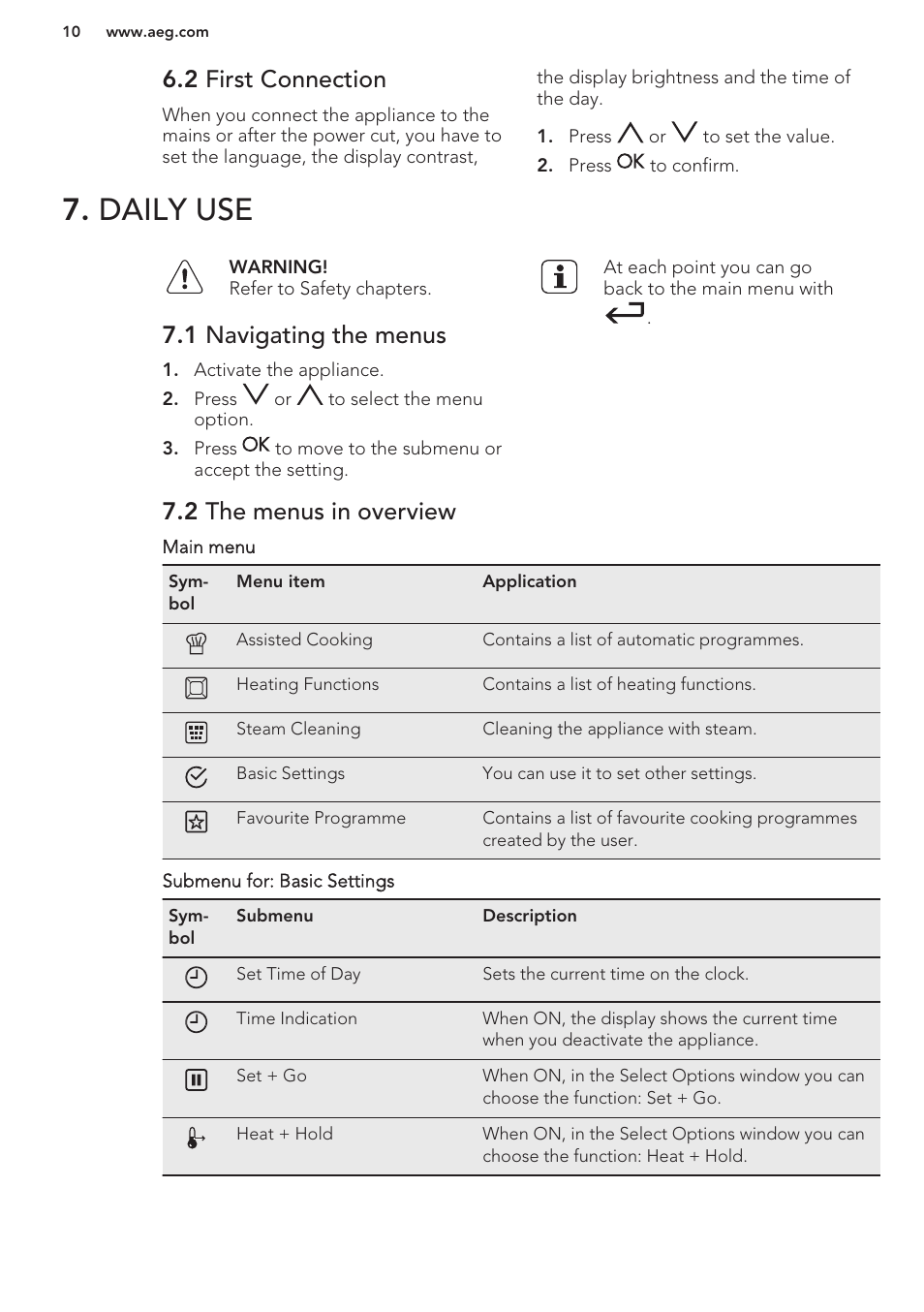 2 first connection, Daily use, 1 navigating the menus | 2 the menus in overview | AEG KS8100001M User Manual | Page 10 / 48