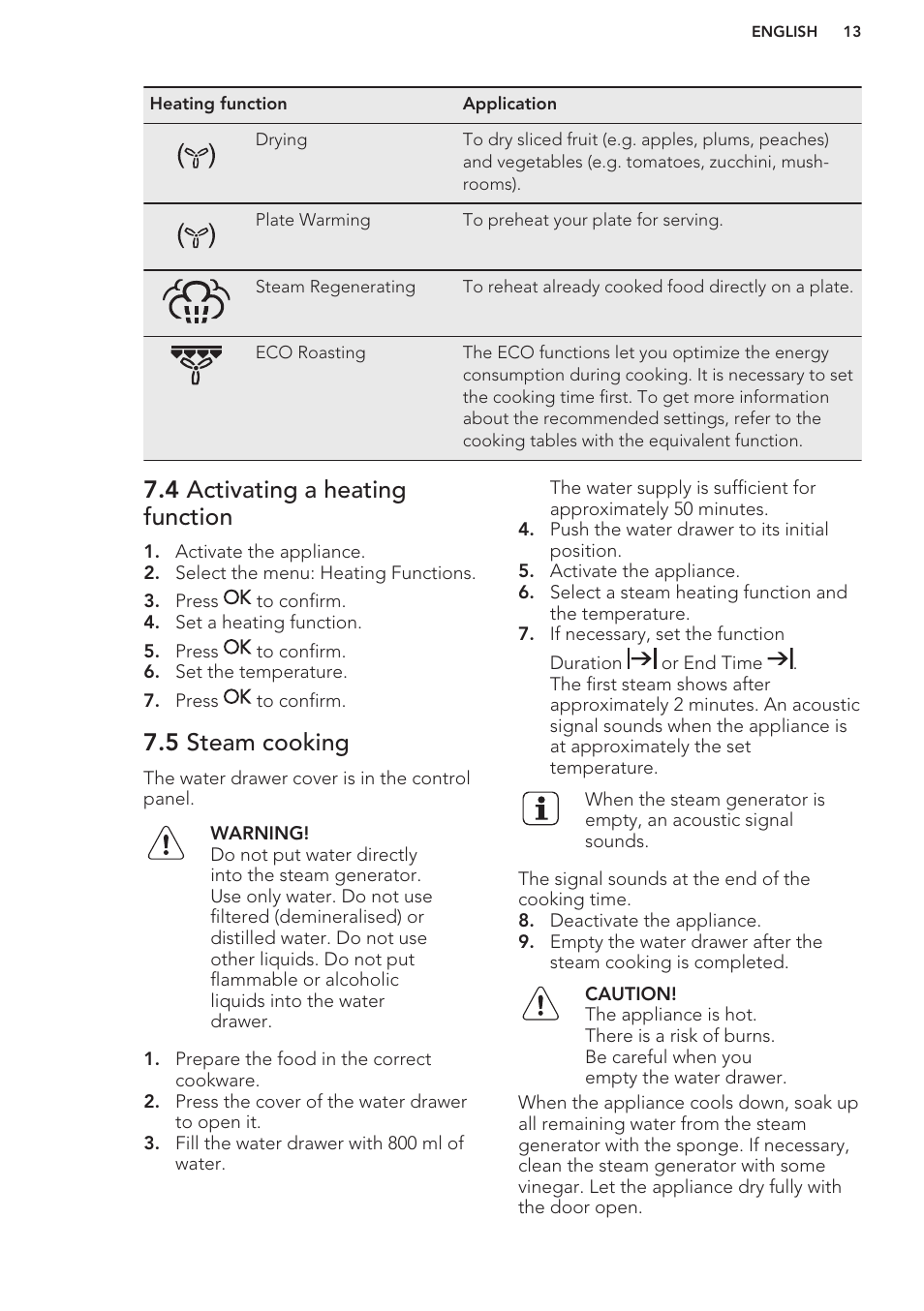 4 activating a heating function, 5 steam cooking | AEG KS8100001M User Manual | Page 13 / 48