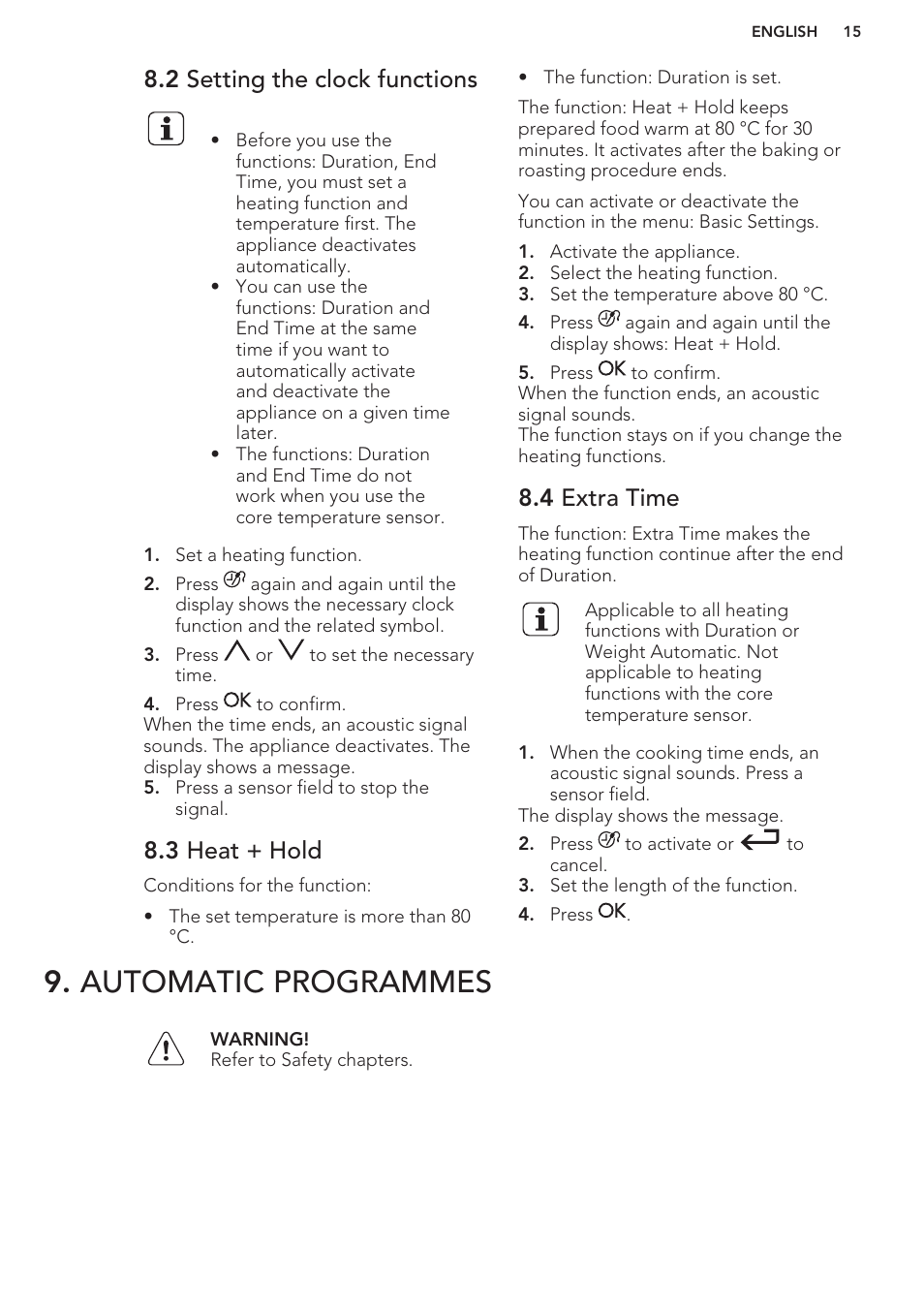 2 setting the clock functions, 3 heat + hold, 4 extra time | Automatic programmes | AEG KS8100001M User Manual | Page 15 / 48