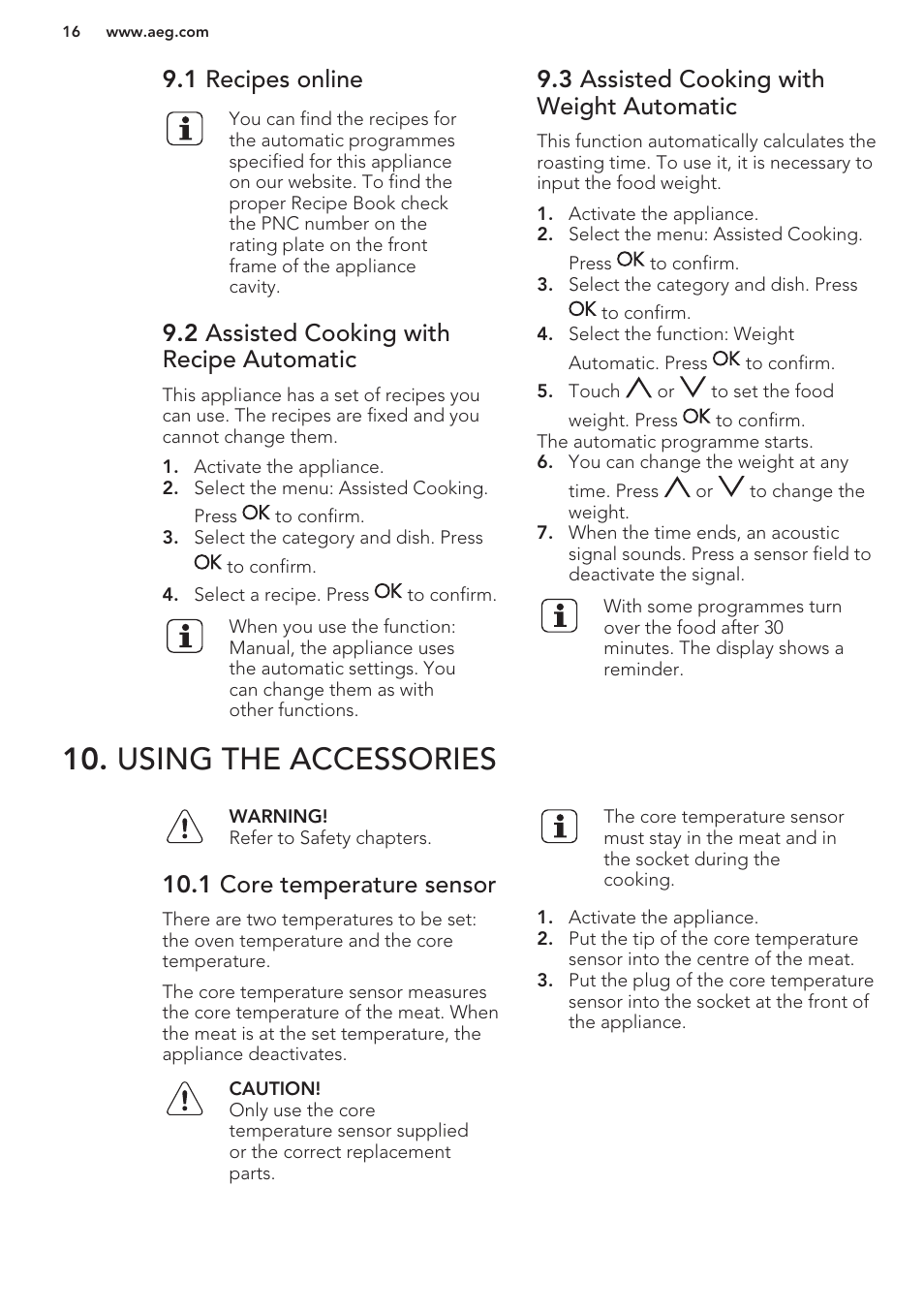 1 recipes online, 2 assisted cooking with recipe automatic, 3 assisted cooking with weight automatic | Using the accessories, 1 core temperature sensor | AEG KS8100001M User Manual | Page 16 / 48