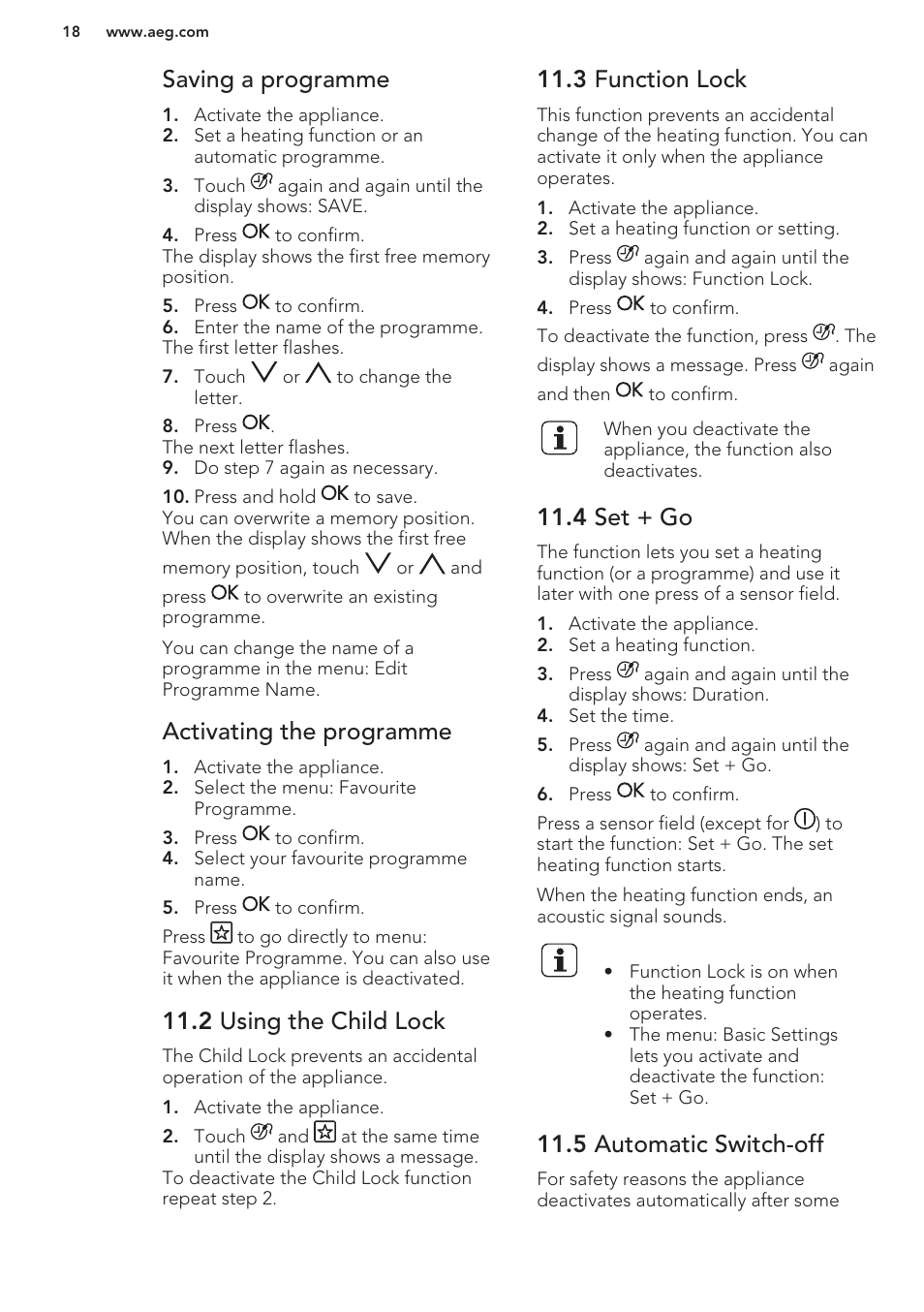 Saving a programme, Activating the programme, 2 using the child lock | 3 function lock, 4 set + go, 5 automatic switch-off | AEG KS8100001M User Manual | Page 18 / 48