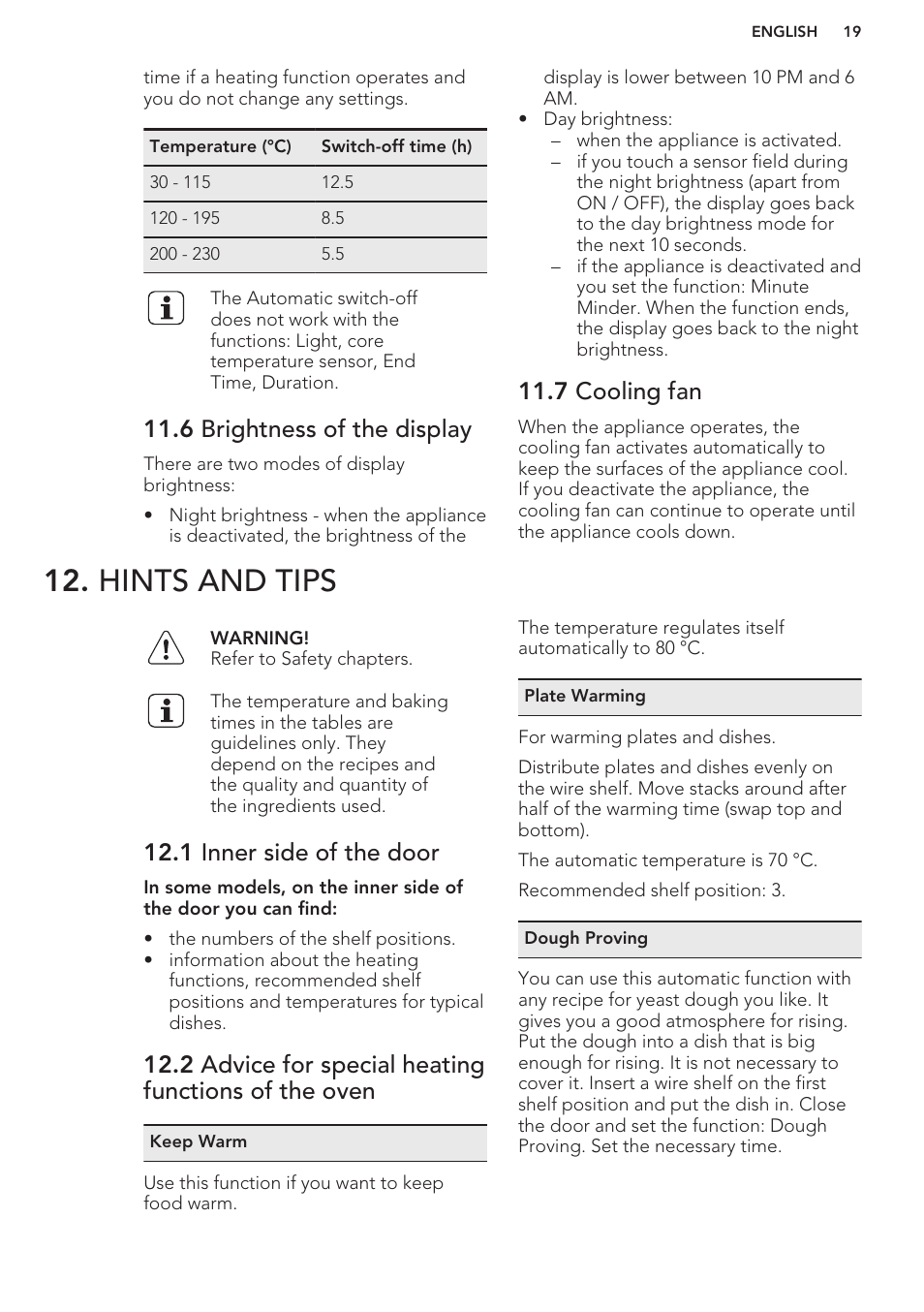 6 brightness of the display, 7 cooling fan, Hints and tips | 1 inner side of the door, 2 advice for special heating functions of the oven | AEG KS8100001M User Manual | Page 19 / 48