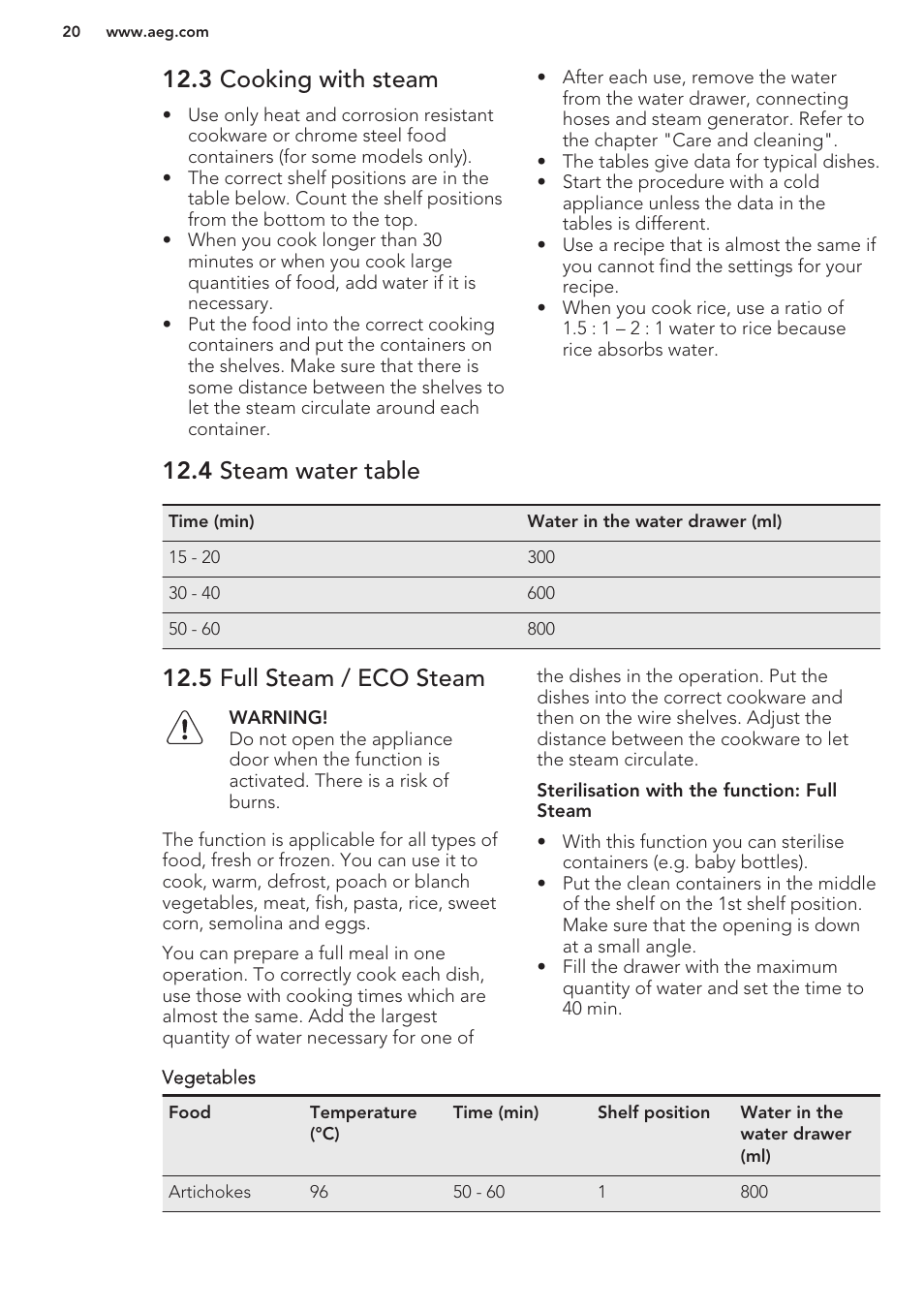 3 cooking with steam, 4 steam water table, 5 full steam / eco steam | AEG KS8100001M User Manual | Page 20 / 48