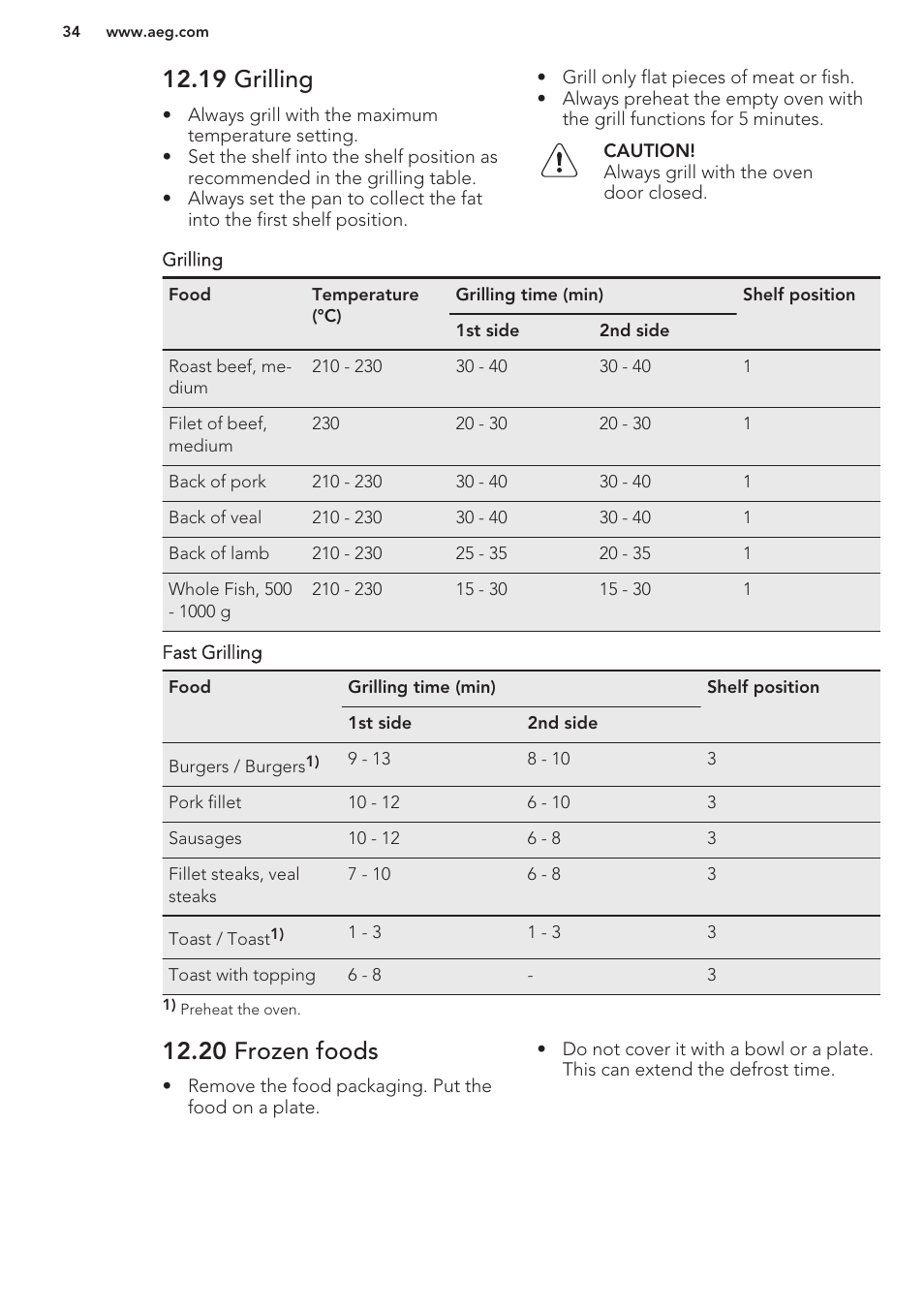 19 grilling, 20 frozen foods | AEG KS8100001M User Manual | Page 34 / 48