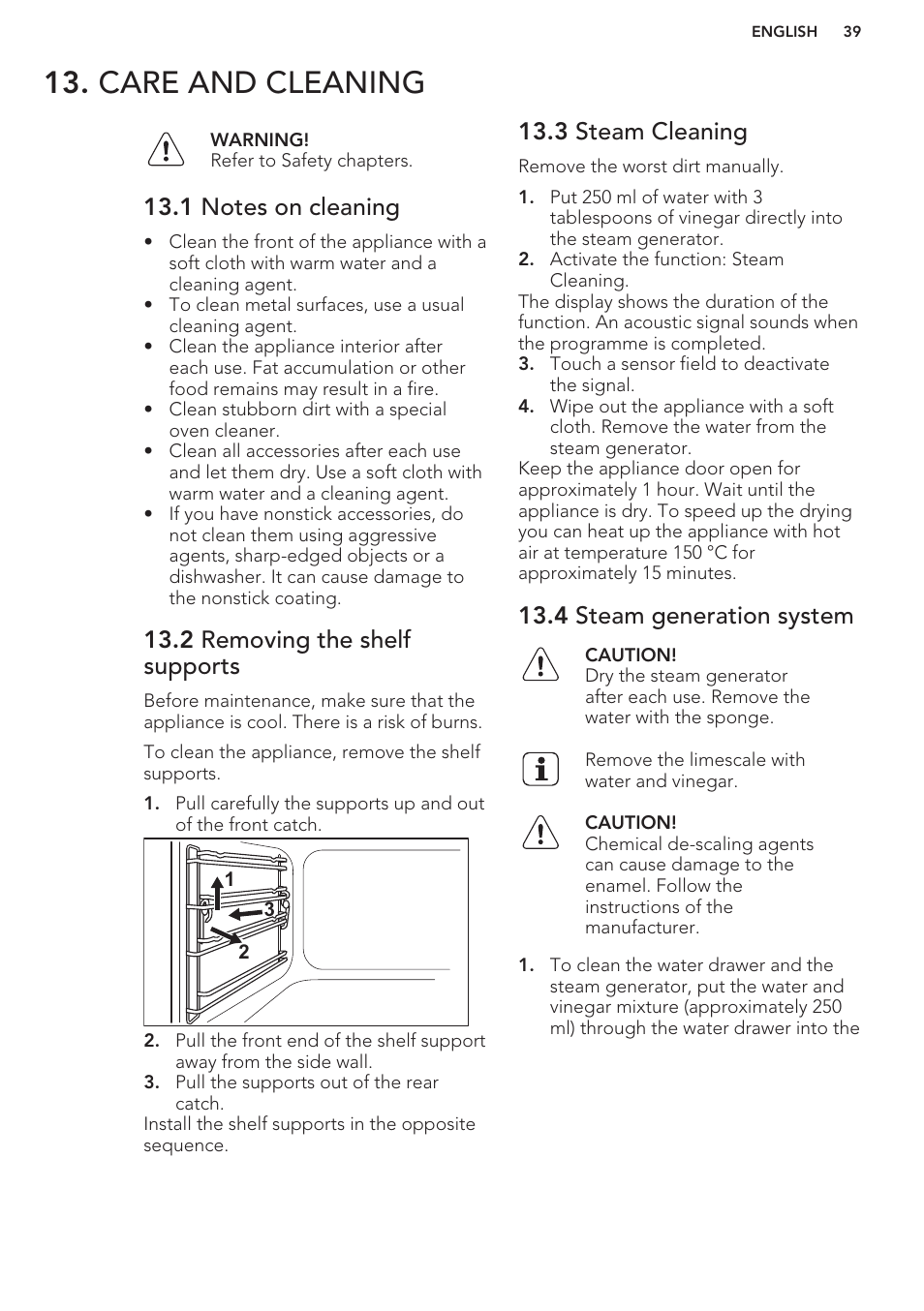 Care and cleaning, 1 notes on cleaning, 2 removing the shelf supports | 3 steam cleaning, 4 steam generation system | AEG KS8100001M User Manual | Page 39 / 48
