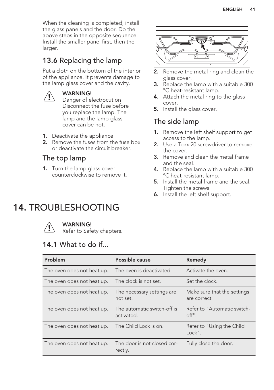 6 replacing the lamp, The top lamp, The side lamp | Troubleshooting, 1 what to do if | AEG KS8100001M User Manual | Page 41 / 48