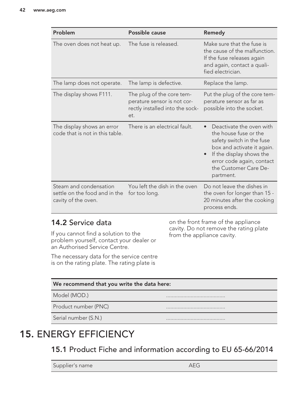 2 service data, Energy efficiency | AEG KS8100001M User Manual | Page 42 / 48