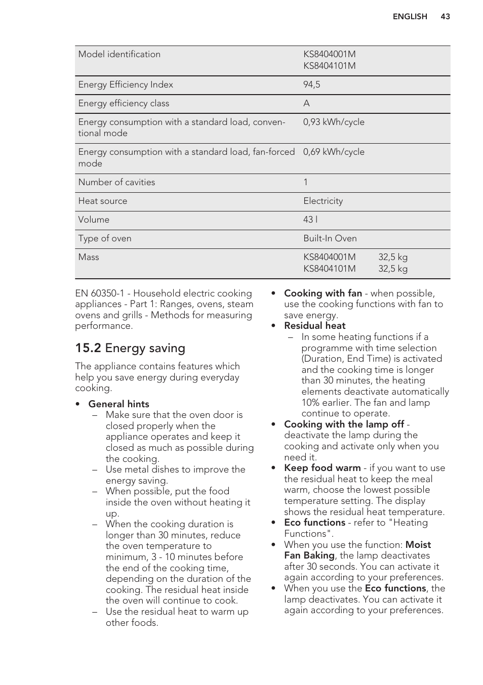 2 energy saving | AEG KS8100001M User Manual | Page 43 / 48