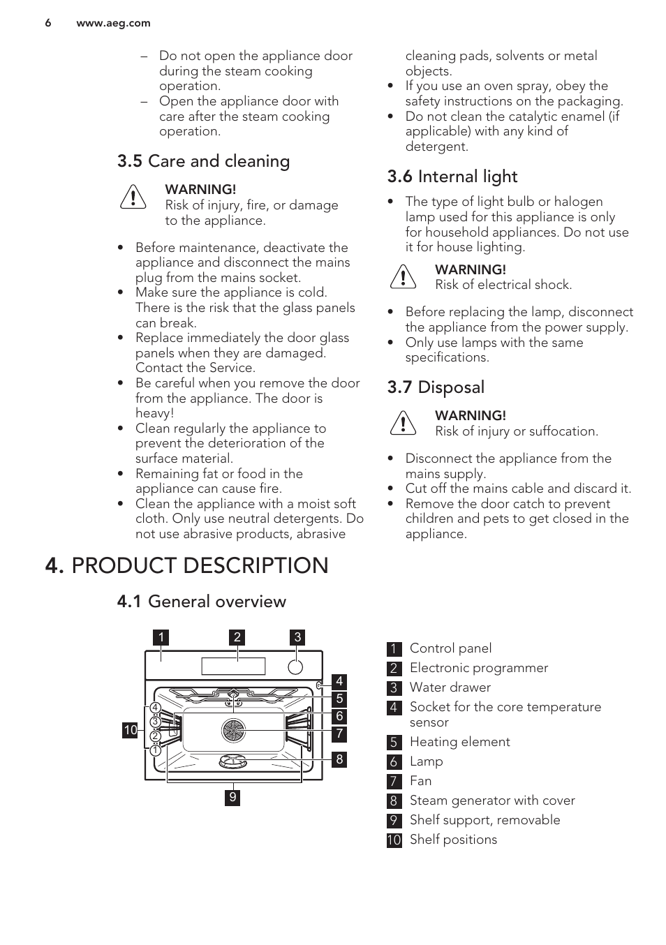 5 care and cleaning, 6 internal light, 7 disposal | Product description, 1 general overview | AEG KS8100001M User Manual | Page 6 / 48