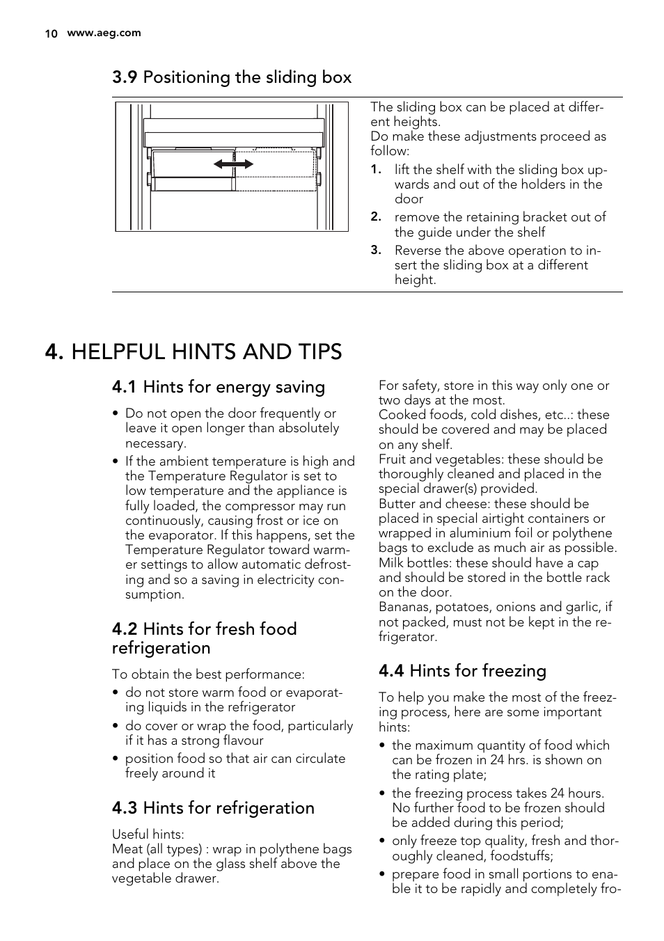 Helpful hints and tips, 9 positioning the sliding box, 1 hints for energy saving | 2 hints for fresh food refrigeration, 3 hints for refrigeration, 4 hints for freezing | AEG SCT81900S0 User Manual | Page 10 / 28